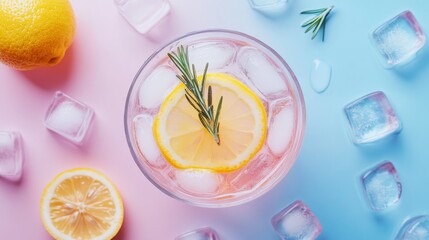117.Minimalist flat-lay composition of a summer drink with lemon slices and rosemary floating in a glass, surrounded by scattered ice cubes and soft pastel textures.