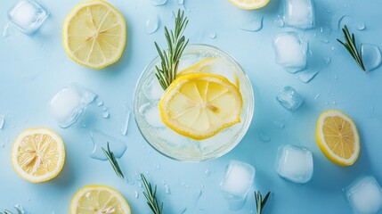 117.Minimalist flat-lay composition of a summer drink with lemon slices and rosemary floating in a glass, surrounded by scattered ice cubes and soft pastel textures.