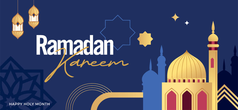 Islamic festival poster background design with mosque, flower, arabic calligraphy, crescent moon and lantern. Suitable for Ramadan Kareem , Hari Raya, Eid Mubarak, Eid al Adha.