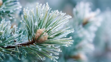 Close up of frozen pine needles with water droplets