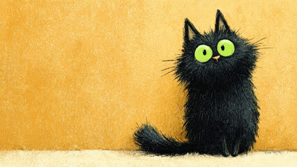 Cute Fluffy Black Cat with Big Green Eyes Sitting Against a Yellow Wall.