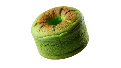 A visually striking vibrant green baked ring cake, subtly browned on top, elegantly isolated against a pure white studio backdrop, emphasizing light