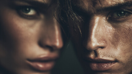 Fototapeta premium Editorial portrait of two models, mixed gender, soft lighting, muted tones, artistic depth of field, luxury styling, emotional connection, cinematic composition, timeless magazine aesthetic