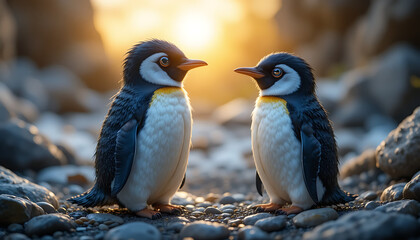 Fototapeta premium Two cute penguins standing together on icy shore at sunset