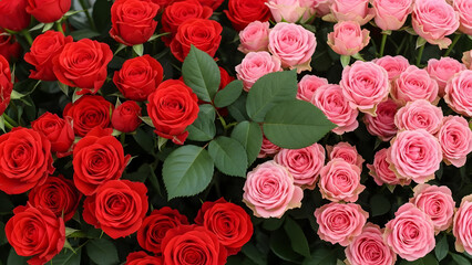 Naklejka premium Beautiful red and pink roses with green leaves