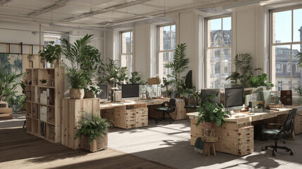 Eco office interior sustainable workspace wooden desk indoor plant natural light modern office open plan green design urban loft coworking space eco office interior with sustainable workspace