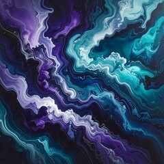 Flowing, abstract artwork with swirling blue, teal, and purple hues