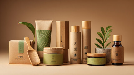 Natural skincare packaging eco friendly product sustainable cosmetic container organic beauty bottle bamboo lid jar kraft paper box green label design plant leaf decor minimal branding natural