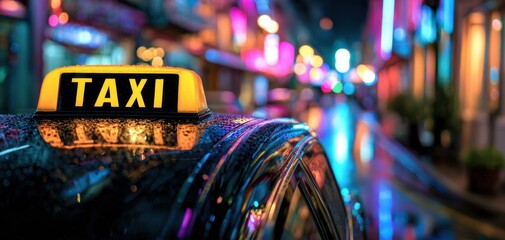 The Taxi Roof Sign Glowing in Rainy Neon City Street at Night