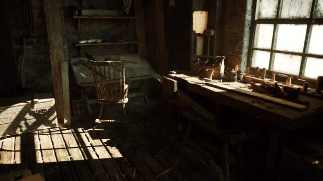 Sunlit rustic workbench by window, empty wooden chair beside bench, scattered chisels hammer nails on aged plank, oil lamp and glass bottle on windowsill, dust