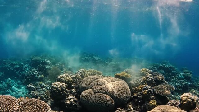 Macro View of Drifting Particulates An extreme close-up, shallow depth of field shot focusing on individual sand or detritus particles slowly falling and resettling on the ocean floor or a coral