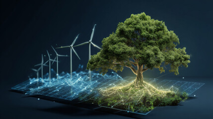 Digital tree energy network sustainable business green business clean energy wind turbine ecology ecosystem renewable energy environmental technology innovation concept grows from connected