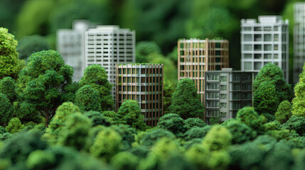 Modern eco city model sustainable architecture green building urban forest concept blending nature and development creating peaceful futuristic skyline in lush woodland environment