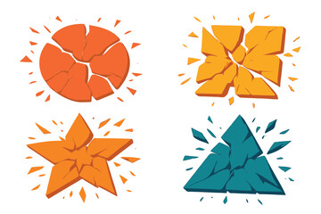 Exploding Shattered Geometric Shapes Collection, Abstract Broken Fragment Debris Illustration Set in Flat Style Isolated on White Background