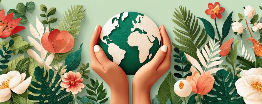 Two hands hold the earth surrounded by lush leaves and tropical flowers, symbolizing environmental care
