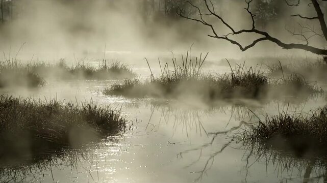 Sunlight Piercing Peat Fog Static shot capturing a moment where soft, diffused natural light attempts to break through the thick peat haze, creating dramatic rays or a gentle glow over the water and