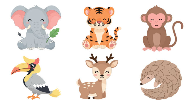 Cute animal characters elephant tiger monkey deer pangolin hornbill with transparent background