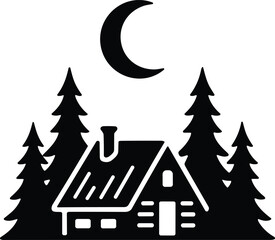 Fototapeta premium Minimal vector silhouette, small cabin in the woods with pine trees and a crescent moon above, solid black, isolated on white.