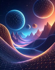 Futuristic landscape features neon spheres and mountain range against starry sky