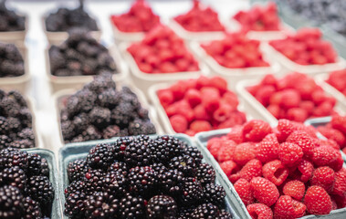 Mixed berries at local market. Close-up of various berries raspberries, blackberries in shop counter