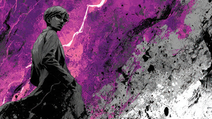 Mysterious Figure in a Dynamic Purple and Black Abstract Landscape.