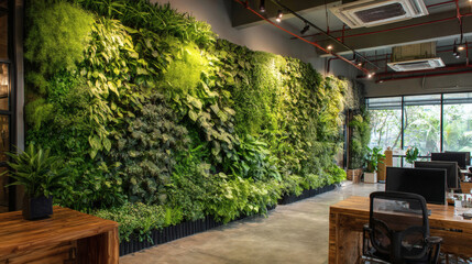 Vertical garden green wall modern office eco design indoor plant sustainable business startup workspace natural interior wooden desk open plan office greenery creates calm modern office vibe with