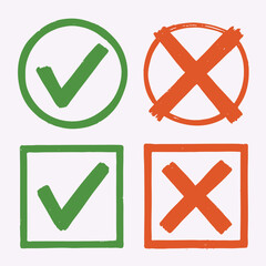 Green Check Mark and Red Cross Icon Set, Hand Drawn Tick and X Symbols in Circles and Squares for Success or Failure Isolated on White Background