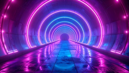 Futuristic tunnel bathed in neon blue and purple glow