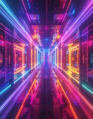 Futuristic tunnel bathed in neon light, with reflections