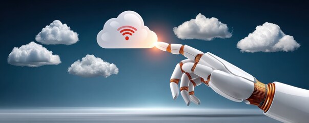 AI robot hand points to a glowing cloud icon, symbolizing cloud computing, connectivity, and future technology