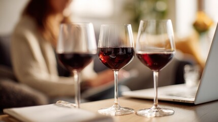 Fototapeta premium Two elegant wine glasses filled with rich red wine on cozy wooden table with blurred people