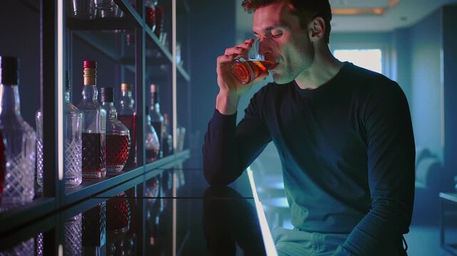 man sipping whiskey at bar, neonlit bottles on shelf, reflective countertop, slow swirl and thoughtful gaze suggesting latenight contemplation scenes show tasting, sniffing,