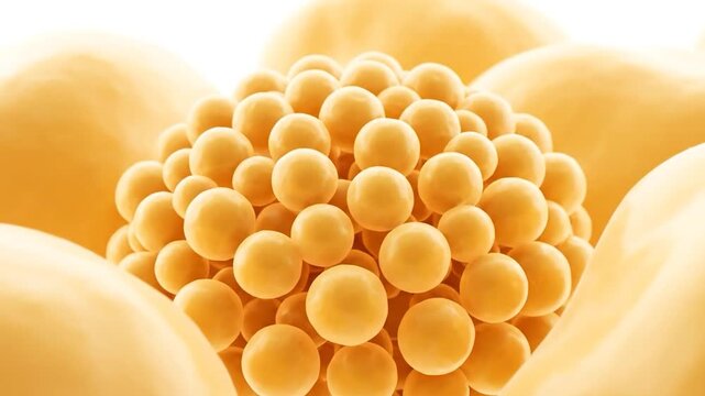 Close-up, abstract view of a cluster of small, spherical, golden cells