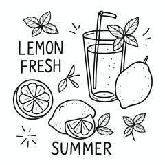 Fresh Lemon Juice with Mint Leaves Hand Drawn Doodle Line Art Vector Set, Citrus Fruit and Summer Drink Ingredients Isolated on White Background