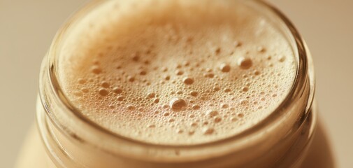 The Latte in a Glass Jar with Creamy Froth and Bubbled Surface