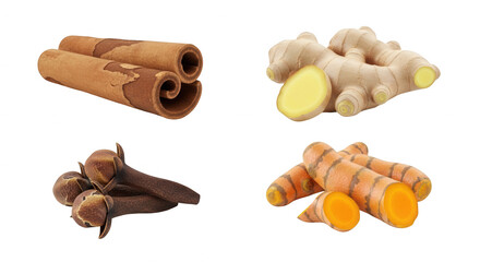 Cinnamon sticks cloves ginger and turmeric fresh spice ingredients transparent background