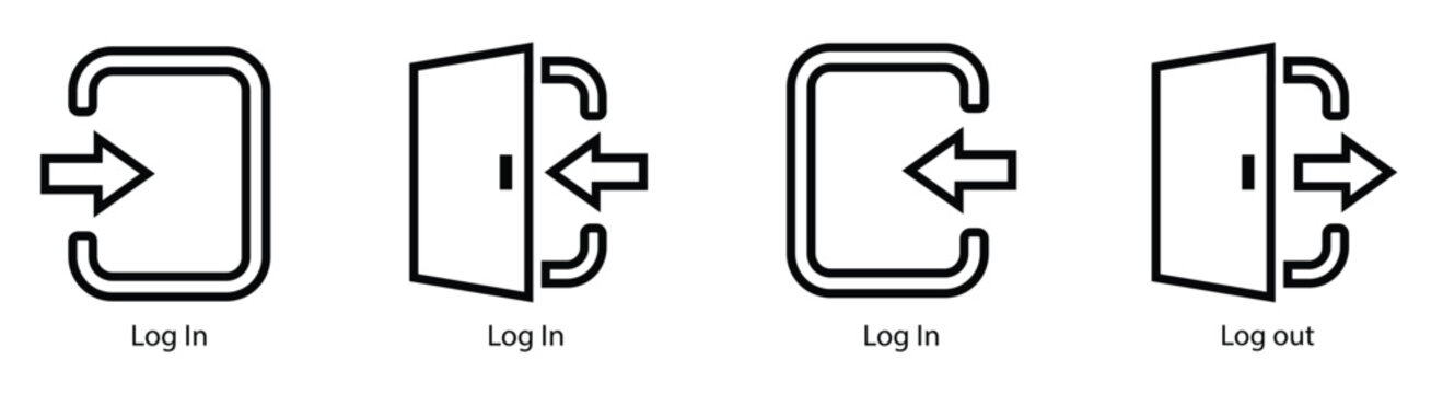 login and logout icon set. Professional login and logout exit icons with solid fill and outline variations for modern digital interfaces and user experience design