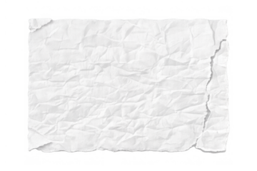 Crumpled white paper sheet with torn edges and wrinkled texture, isolated on a transparent background