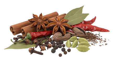 Spice assortment with cinnamon sticks star anise and various spices close up