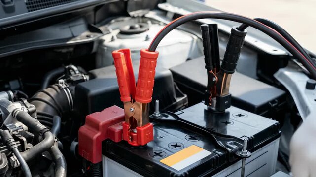 Jump starter cables connected to car battery in engine compartment  