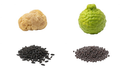 Variety of natural food ingredients fresh fruits and seeds isolated against transparent background
