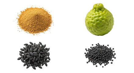Variety of natural ingredients seeds berries bergamot fruit transparent background