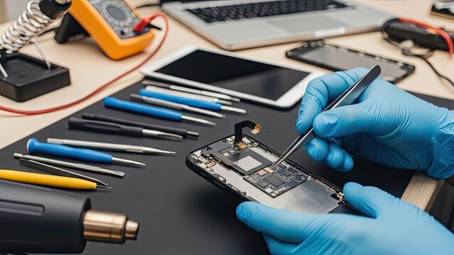 Technician repairing smartphone with tools on a workbench.