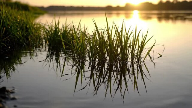 Underwater Perspective Reflection Very low angle shot, almost at water level, showcasing the crisp reflection of lush shore grass in crystal-clear river or lake water, emphasizing depth and clarity.