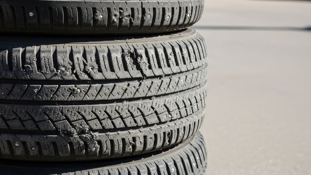 Stack of old worn tires with visible tread patterns.