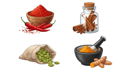 Variety of spices colorful presentation transparent background