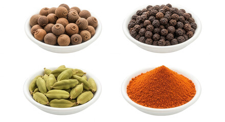 Variety of spices displayed in white bowls isolated on transparent background culinary concept