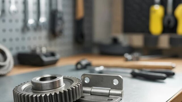 Mechanical gear and hinge on workshop table with tools in background  