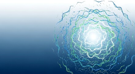 Abstract representation of swirling DNA-like strands or energy waves in shades of blue and green, emanating from a bright center.