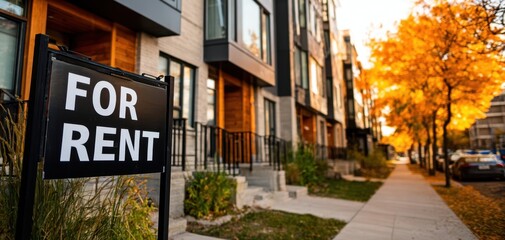 Fototapeta premium The For Rent Sign Outside Modern Townhouses on a Quiet Autumn Residential Street